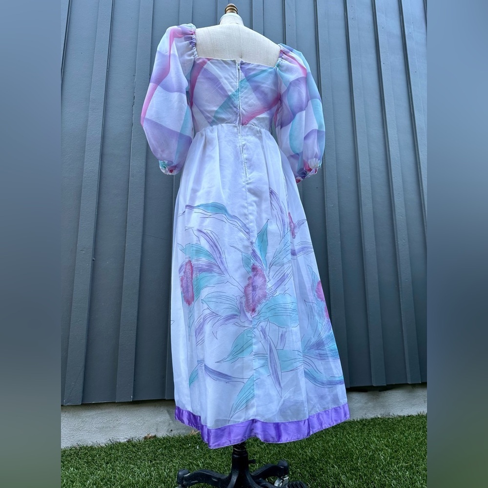 Vintage 1970s 1980s Watercolor Puff Sleeve Dress- size S - Picture 4 of 8